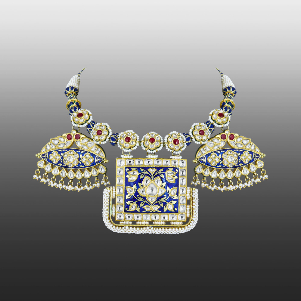 Blue Enamel Pankhi Polki Pendant Necklace